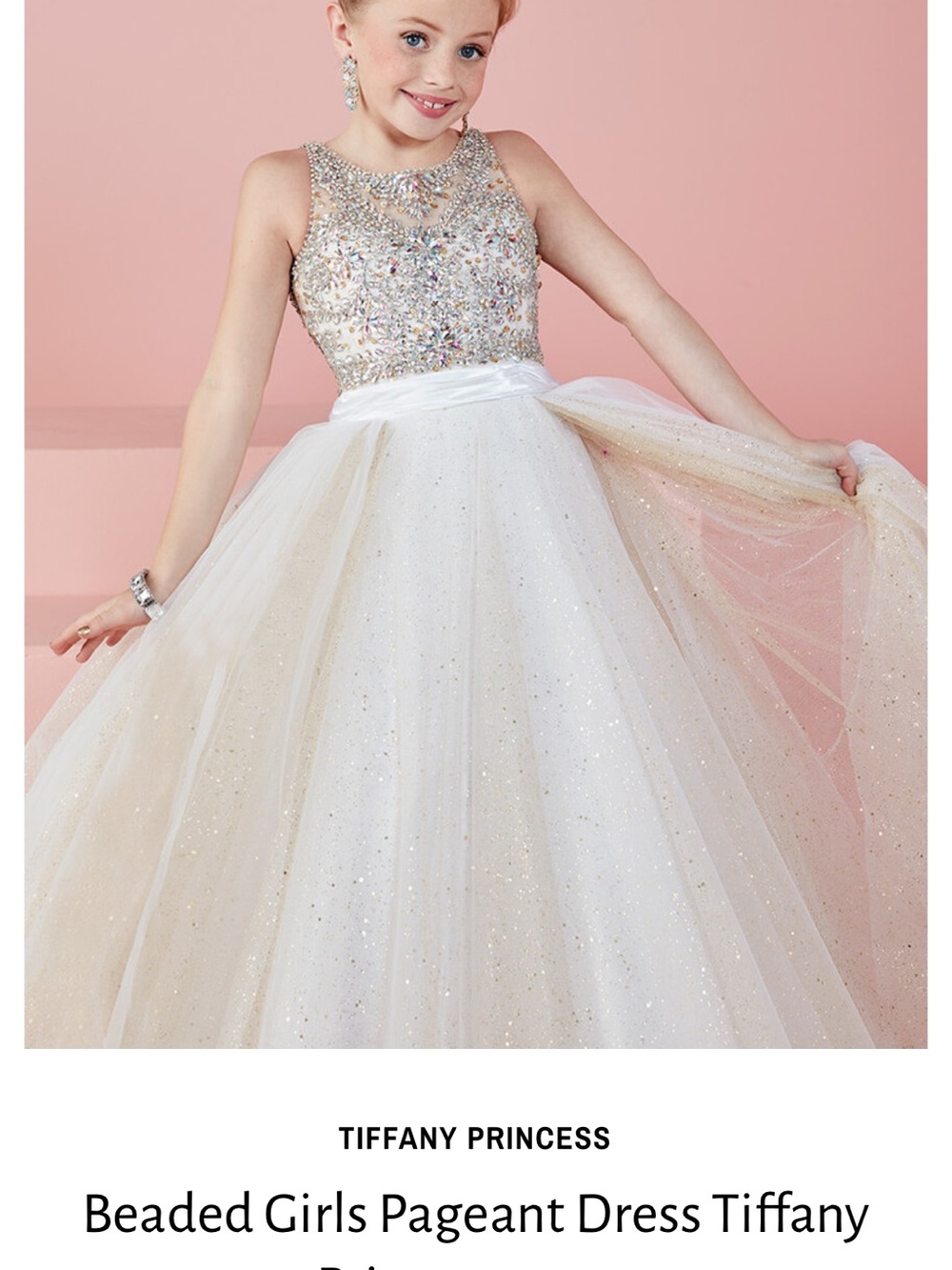 Tiffany Girls White Beaded Pageant Ball Gown Dress with Sparkly Bodice